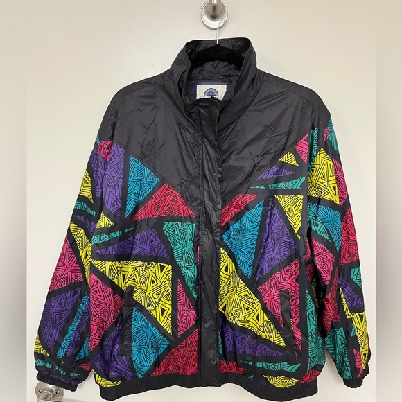 1 Sunset Lane Sz L 80’s 90’s Vintage Style Windbreaker Jacket Black Geometric - Picture 3 of 5